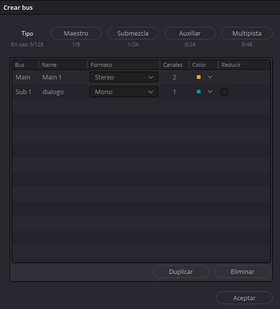 Crear bus de diálogo en DaVinci Resolve