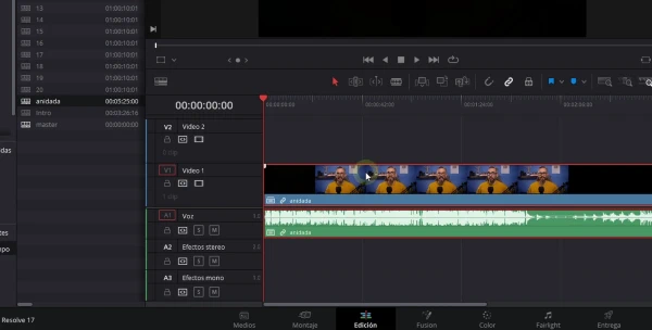 anidar líneas de tiempo en davinci resolve