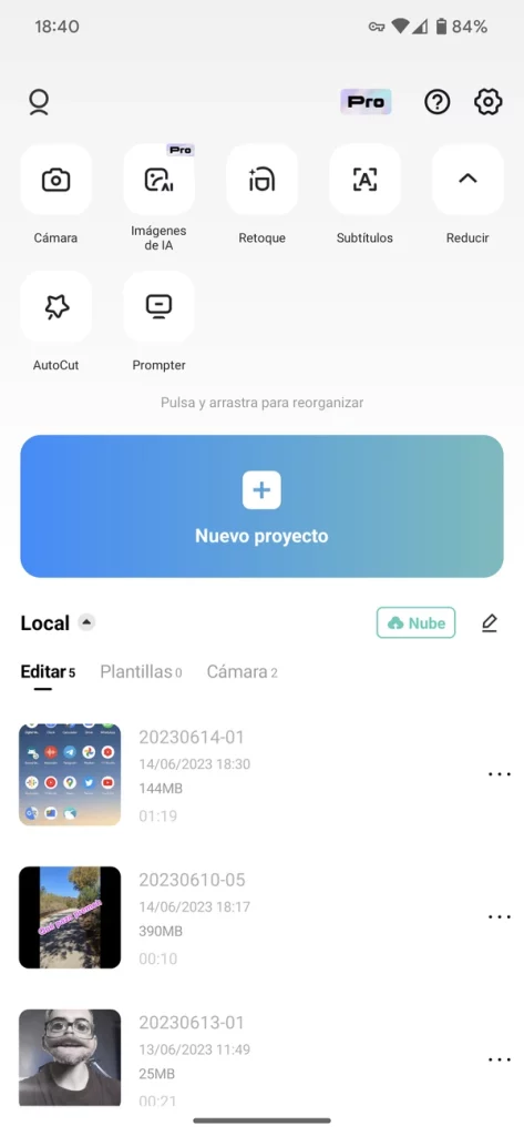 Pantalla principal de CapCut
