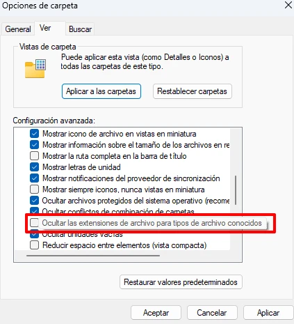 ocultar extensiones de archivo