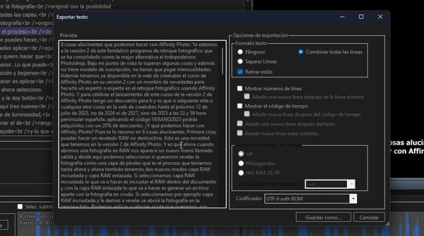 Exportar a texto plano en Subtitle Edit