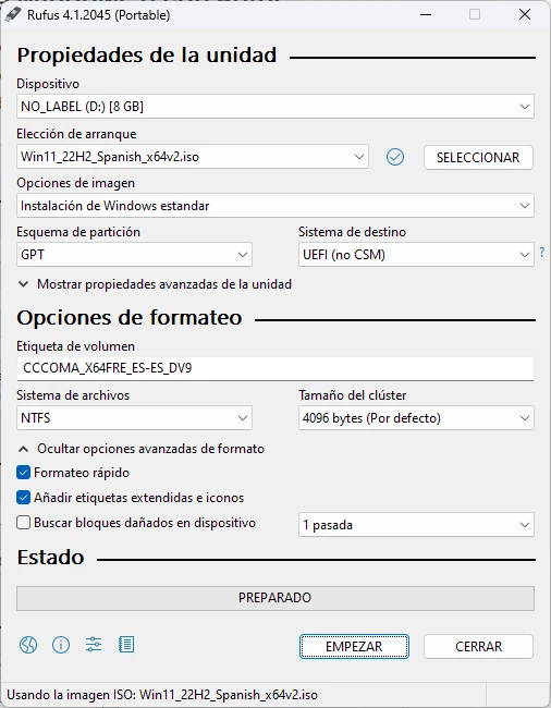 Opciones de Rufus para windows 11