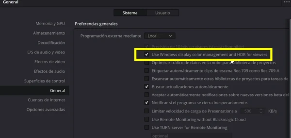 Activando el HDR en DaVinci Resolve para Windows