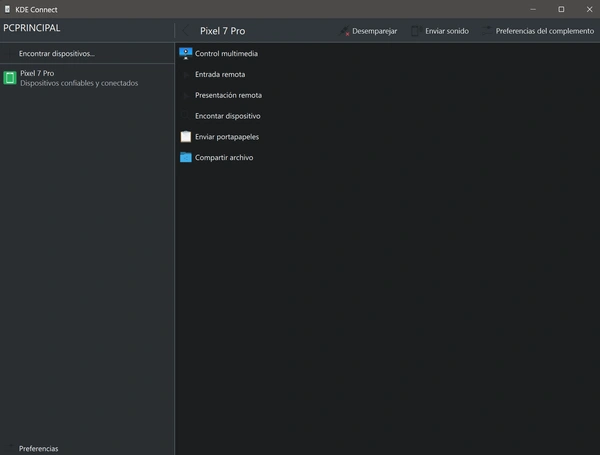 Interfaz principal de KDE Connect en escritorio