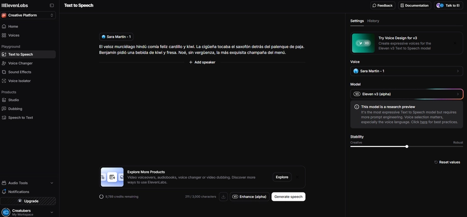 La sencilla pero potente interfaz de ElevenLabs