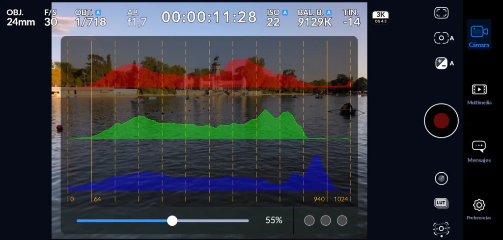 Histograma mucho más vistoso en la app de Blackmagic